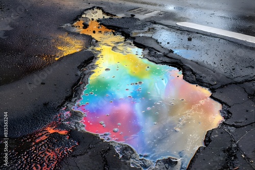 Vibrant Rainbow Colors of a Gasoline Spill on a Wet Street photo