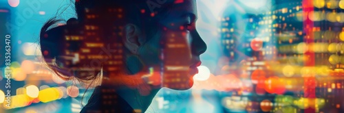 Abstract double exposure image of a woman s profile against a vibrant cityscape at night  blending human and urban elements in artistic harmony.