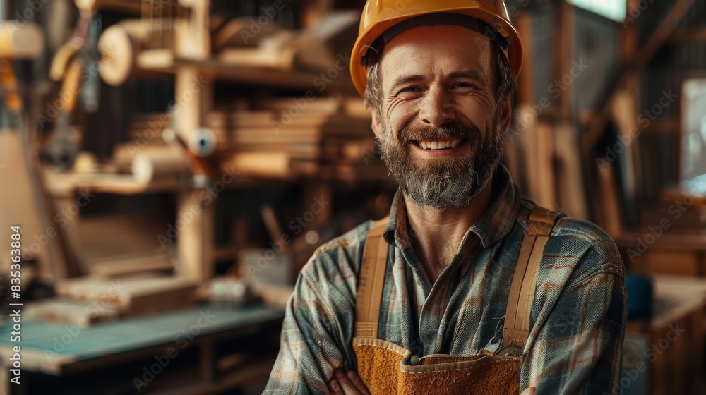 Confident carpenter at work in a sunny woodworking workshop with modern tools Confident carpenter at work in a sunny woodworking workshop with modern tools