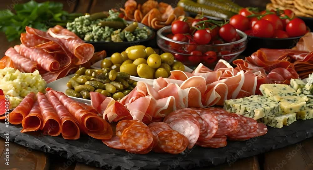 Variety of gourmet snacks on a diverse charcuterie board. Concept Charcuterie Board, Gourmet Snacks, Diverse Selections Variety of gourmet snacks on a diverse charcuterie board. Concept Charcuterie Board, Gourmet Snacks, Diverse Selections