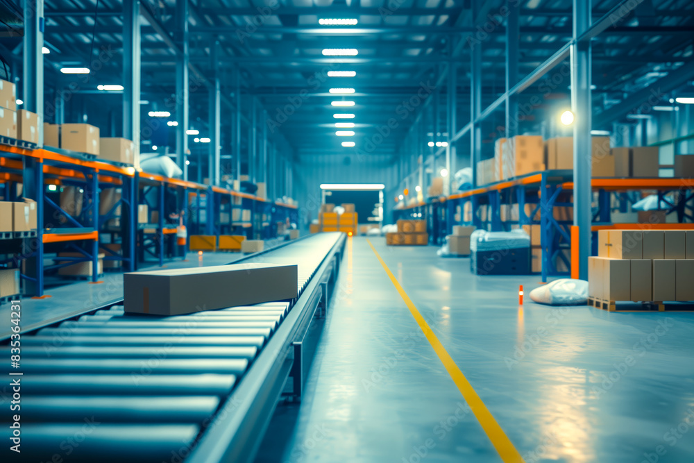 Fototapeta premium Modern Delivery Logistics Station Warehouse with Working Automated Conveyor Belt with Retail Parcels, Cardboard Boxes and Online Shopping Orders Being Prepared for Shipping