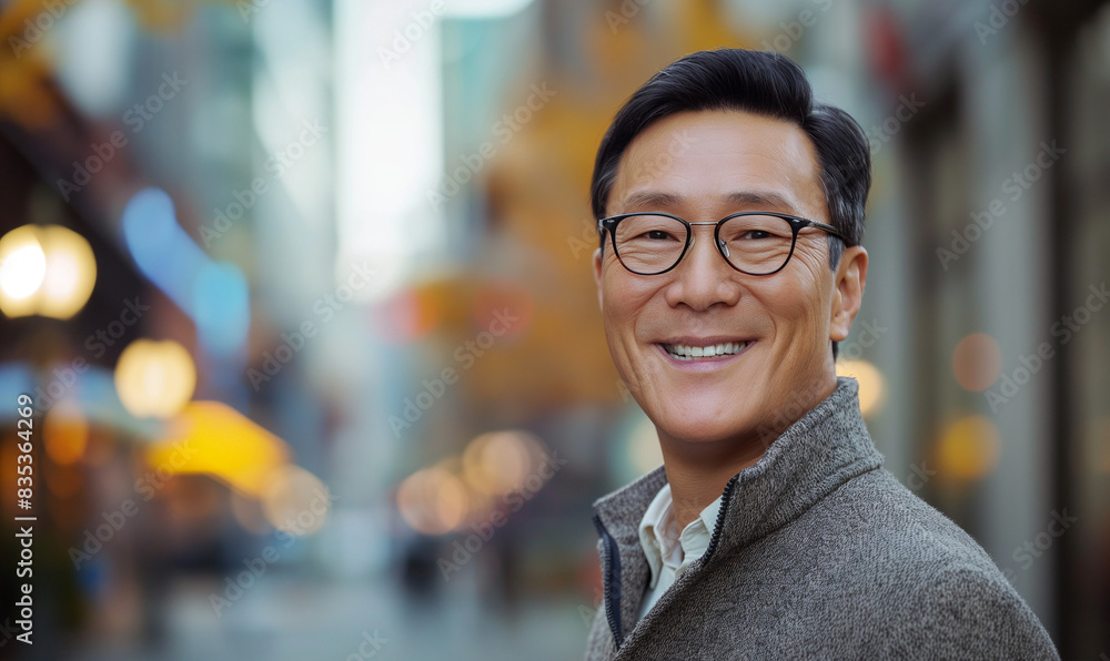 Happy Mature Asian Man in a Vibrant Cityscape Happy Mature Asian Man in a Vibrant Cityscape