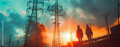 Silhouettes of two people near high voltage pylons at sunrise or sunset with a dramatic colorful sky in the background.