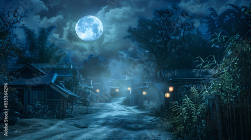 Scary halloween night in old village with houses, street and full moon. Haunted forest background with path. Halloween concept of creepy town with horror lights