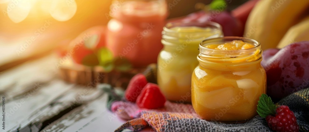 A variety of healthy and delicious fruit smoothies in glass jars on a rustic wooden table