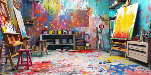 Creative Chaos  A vibrant art studio with paint-covered walls  easels  and various art supplies scattered about