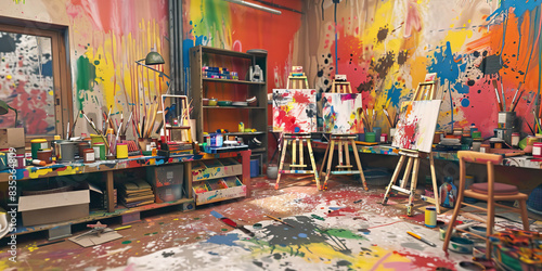 Creative Chaos: A vibrant art studio with paint-covered walls, easels, and various art supplies scattered about