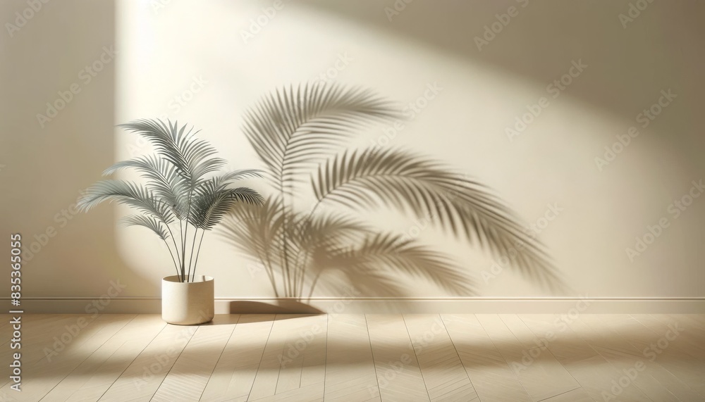 Shadow from palm leaves on light cream wall. Minimalistic beautiful background for product presentation. Shadow from palm leaves on light cream wall. Minimalistic beautiful background for product presentation.