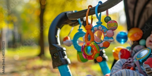 Colorful baby toys hanging on a stroller in the park