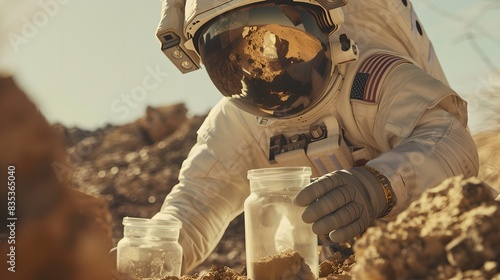 Astronaut collecting soil samples on a mars planet. Space manned mission on red planet. Futuristic exploration and planet colonization concept, adventure. Science fiction photo