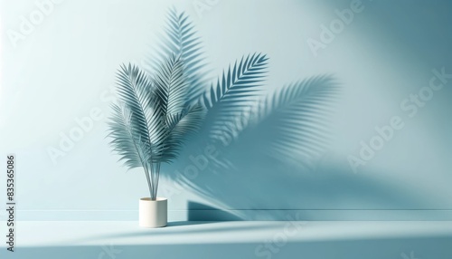 Shadow from palm leaves on light blue wall. Minimalistic beautiful background for product presentation. © Rocher