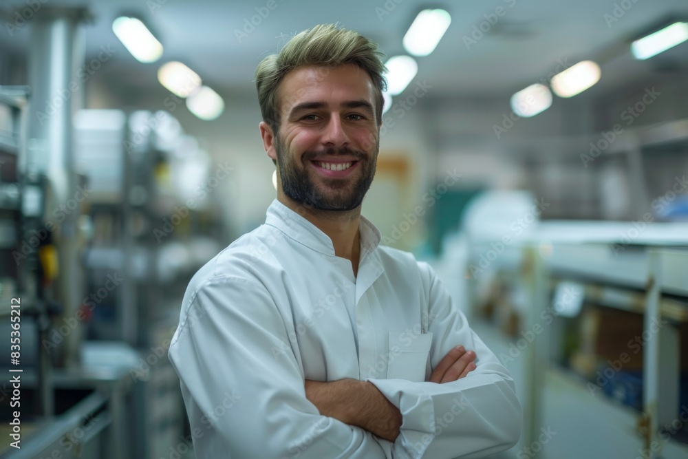 Confident technician with arms crossed in a printing facility Confident technician with arms crossed in a printing facility