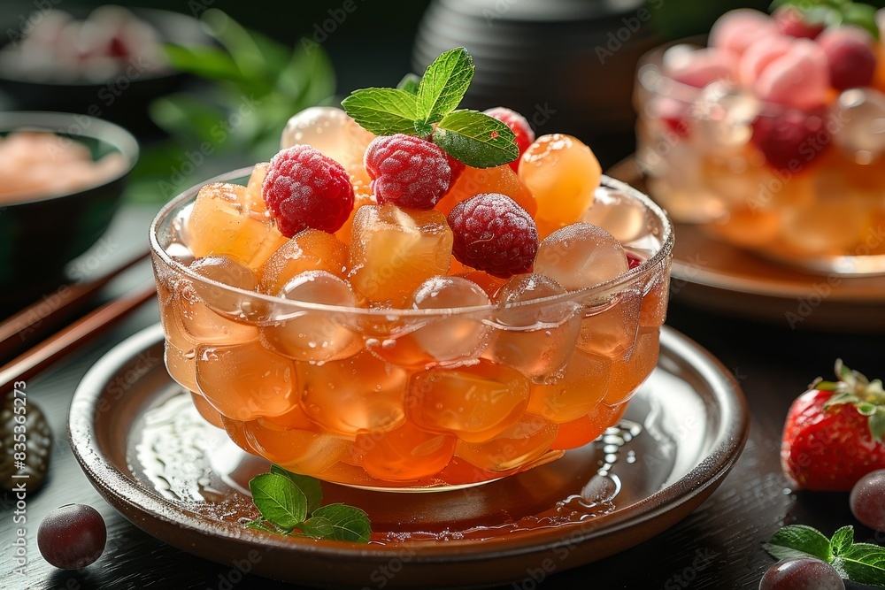 Anmitsu - Traditional dessert with agar jelly, fruit, sweet bean paste, and syrup. Anmitsu - Traditional dessert with agar jelly, fruit, sweet bean paste, and syrup.