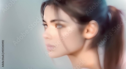 Woman with her hair tied back. Concept Elegant Ponytail, Stylish Updo, Chic Hair Accessories, Casual Messy Bun