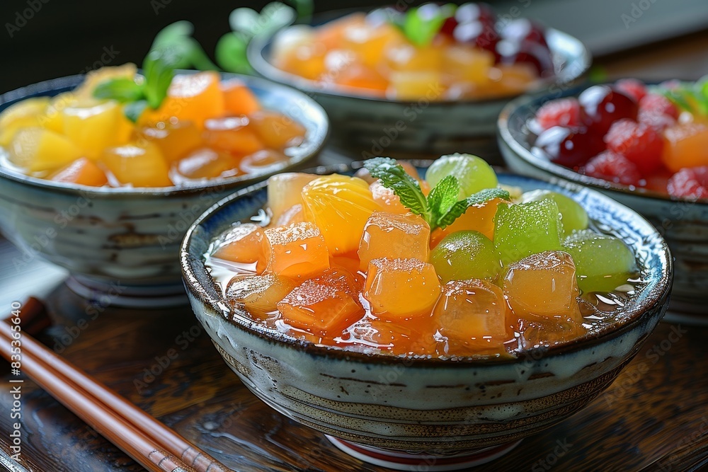 Anmitsu - Traditional dessert with agar jelly, fruit, sweet bean paste, and syrup. Anmitsu - Traditional dessert with agar jelly, fruit, sweet bean paste, and syrup.