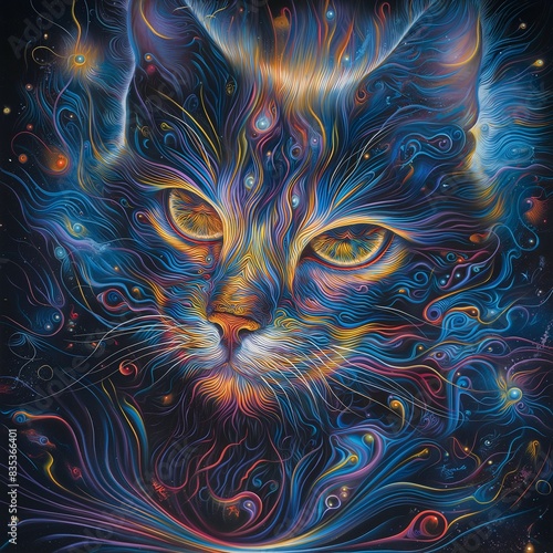 Abstract Cat in Space Psychedelic Dreamy Art Animal Lines Line © Lauren