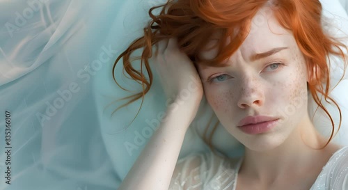 Overwhelmed Caucasian woman with red hair holding head looking exhausted or distressed. Concept exhaustion, overwhelmed, stress, red-haired woman, distress