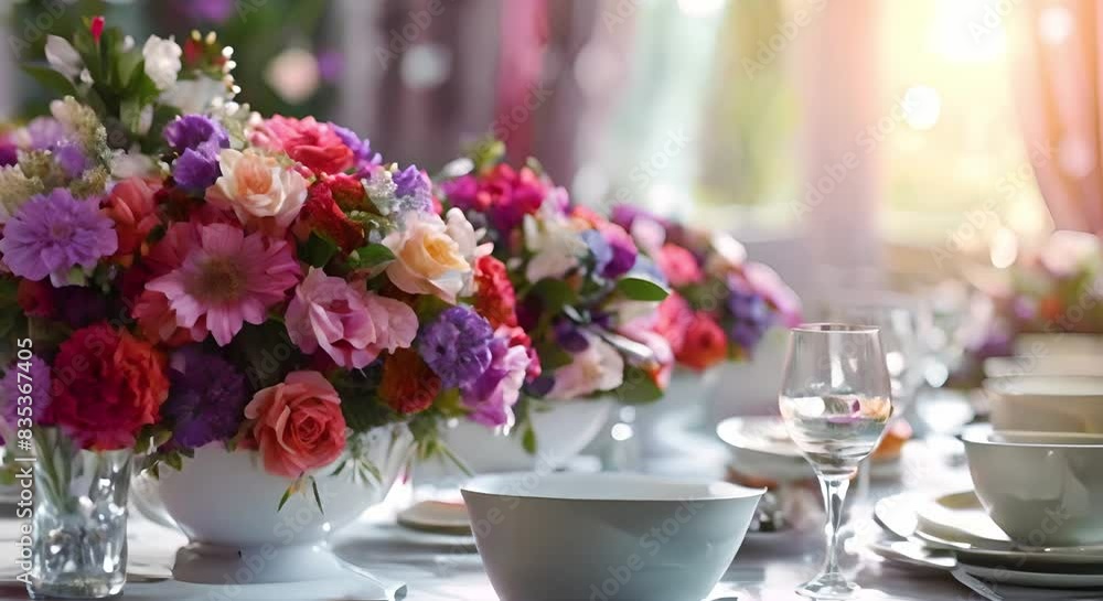 Stylishly Adorned Brunch Table with Flowers Creating an Elegant Ambiance for Gatherings. Concept Brunch Decor, Flower Arrangements, Table Setting, Elegant Ambiance, Stylish Gatherings Stylishly Adorned Brunch Table with Flowers Creating an Elegant Ambiance for Gatherings. Concept Brunch Decor, Flower Arrangements, Table Setting, Elegant Ambiance, Stylish Gatherings