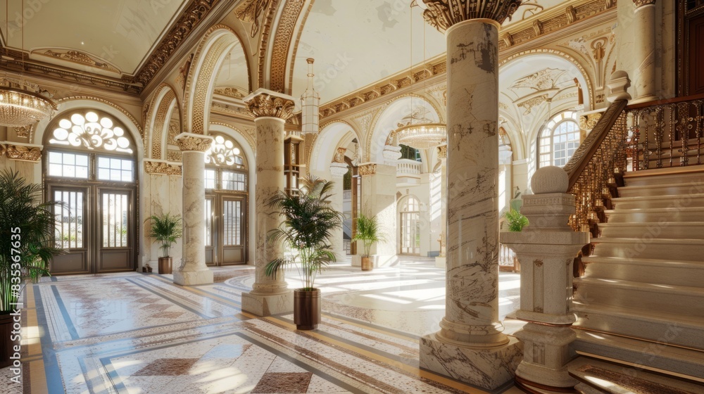 Fototapeta premium A large room with a prominent staircase and numerous windows, creating a bright and airy atmosphere.