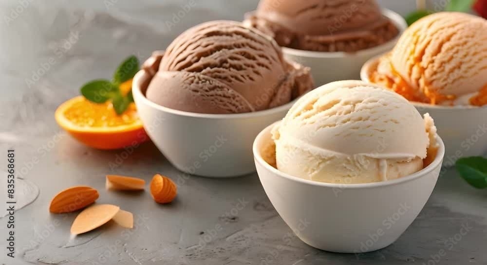 Delicious ice cream with chocolate almond orange cherry and soy flavors. Concept Ice Cream Flavors, Chocolate, Almond, Orange, Cherry, Soy Delicious ice cream with chocolate almond orange cherry and soy flavors. Concept Ice Cream Flavors, Chocolate, Almond, Orange, Cherry, Soy