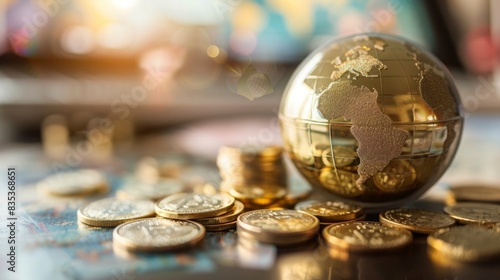 A globe placed on a table beside a stack of coins, symbolizing global economy and finance.