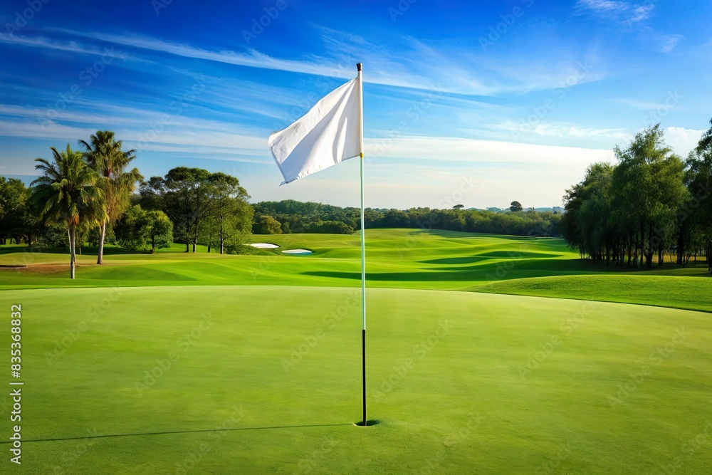 Obraz premium empty golf course with blank white flag