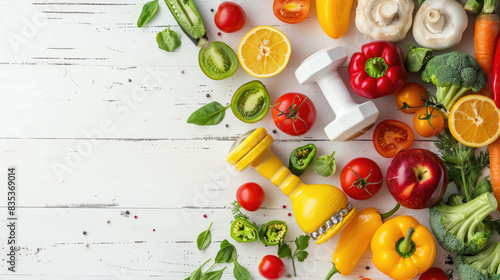 Healthy Food and fitness dumbbells on white wooden boards. Abstract healthy lifestyle background. 