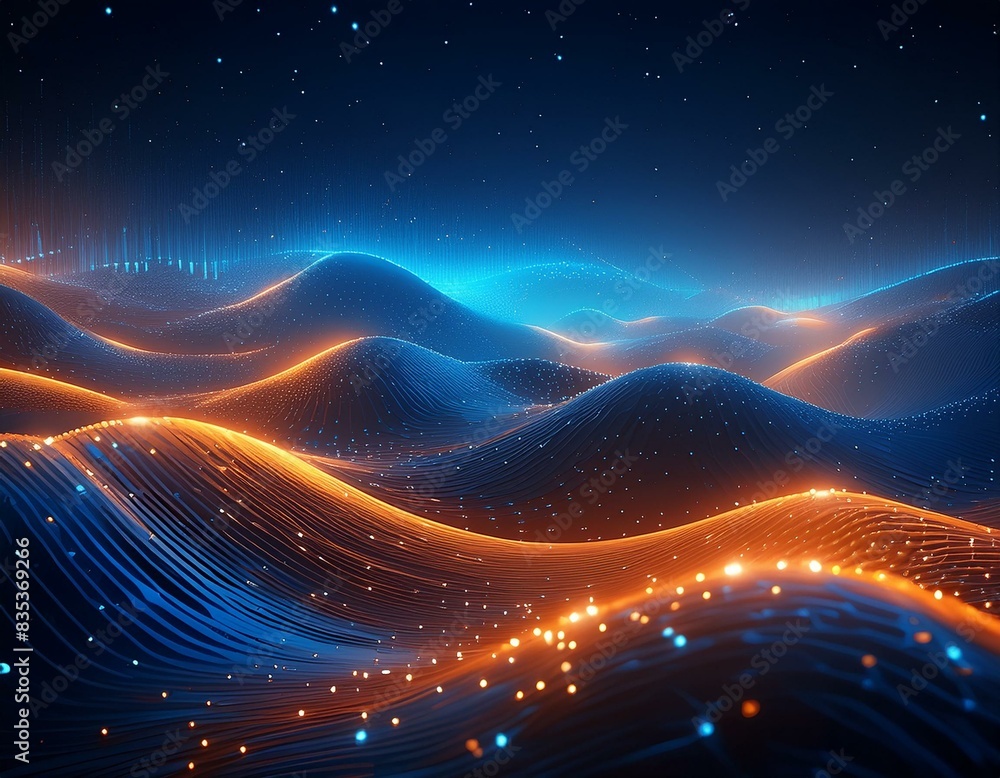 A beautiful landscape of glowing blue and orange particles