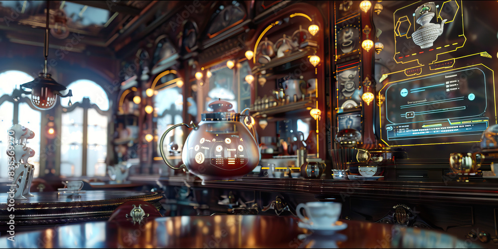 Neo-Victorian Tea House: A tea house with a Victorian-era aesthetic but equipped with modern technology such as holographic menus and robotic servers.