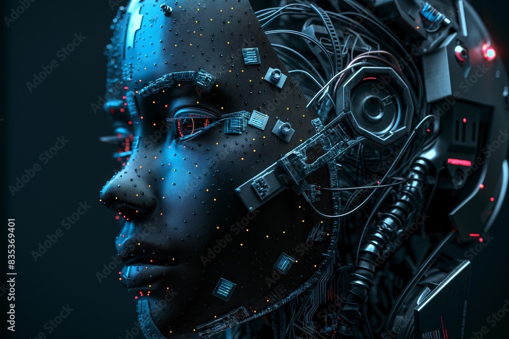 Close-Up of a Futuristic Female Cyborg with Blue Eyes and Advanced Technology - Perfect for Sci-Fi, Robotics, and Artificial Intelligence-Themed Designs and Projects Close-Up of a Futuristic Female Cyborg with Blue Eyes and Advanced Technology - Perfect for Sci-Fi, Robotics, and Artificial Intelligence-Themed Designs and Projects