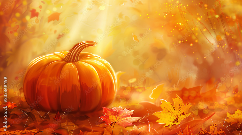 A beautiful autumn background with an orange pumpkin and colorful leaves, bathed in warm sunlight. The vibrant colors of the fall season create a stunning backdrop for your Halloween design project A beautiful autumn background with an orange pumpkin and colorful leaves, bathed in warm sunlight. The vibrant colors of the fall season create a stunning backdrop for your Halloween design project