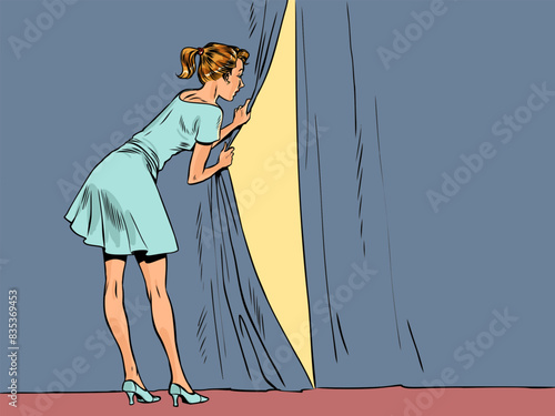 Pop Art Retro The girl opens the curtain and looks behind her. Monitoring customer growth. Stagecraft of theatrical art.