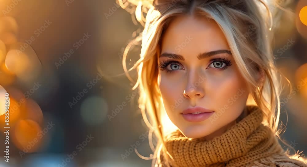 Blonde woman in cashmere sweater with bow in hair: A close-up portrait. Concept Fashion Photography, Cashmere Sweater, Blonde Woman, Hair Accessories, Close-Up Portrait Blonde woman in cashmere sweater with bow in hair: A close-up portrait. Concept Fashion Photography, Cashmere Sweater, Blonde Woman, Hair Accessories, Close-Up Portrait
