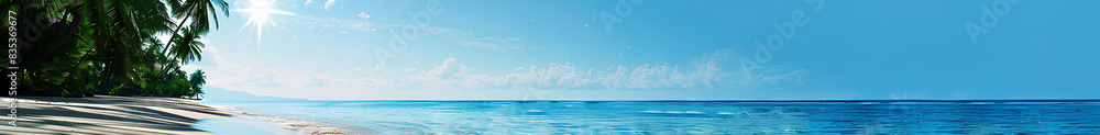 Photo of a blue sky and calm sea, with palm trees on the left side of the photo. Web banner with space on the right in the style of copyspace.
