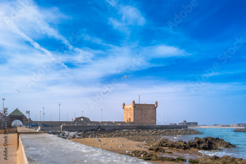 An ancient fortress stands beside the tranquil waters. Seagulls decorate the sandy beaches of Essaouira  Morocco.