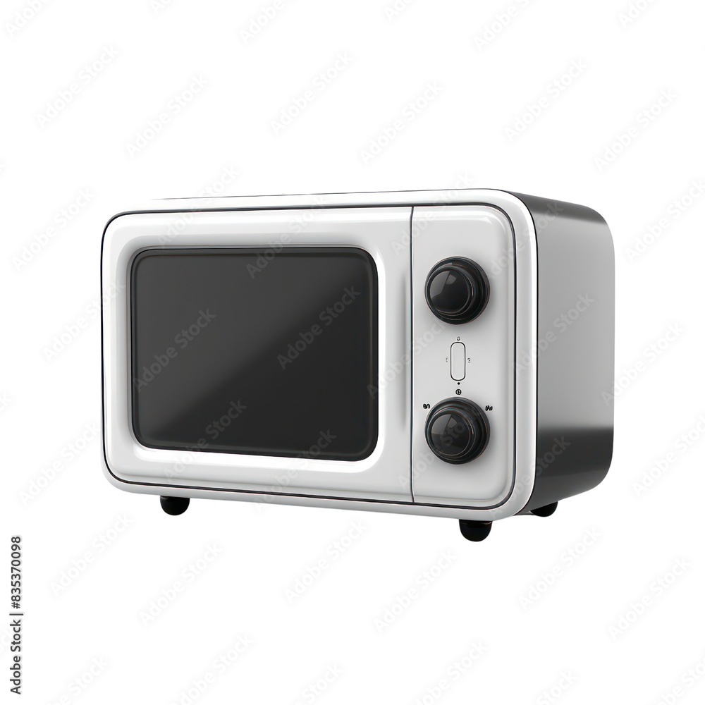Compact white microwave oven with two control knobs. Ideal for small kitchens. Sleek and modern design. Front view on white background. transparent backgrounds Compact white microwave oven with two control knobs. Ideal for small kitchens. Sleek and modern design. Front view on white background. transparent backgrounds