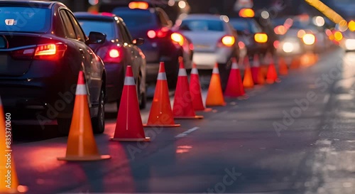 Orange cones redirect traffic in busy lane due to maintenance signs. Concept Traffic Control, Maintenance Work, Road Construction, Safety Precautions