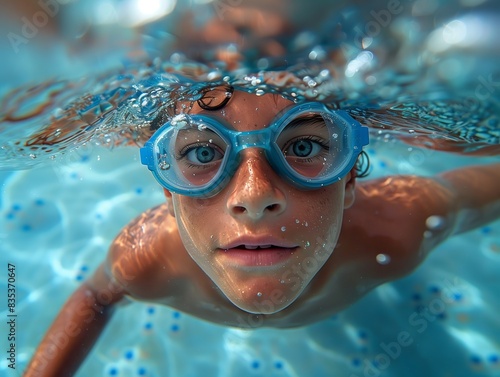 Swimmer with goggles explores underwater world in pool