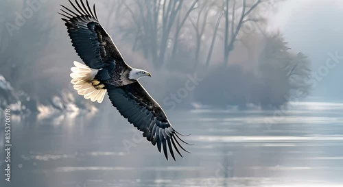 Whitetailed eagle also called Eurasian sea eagle flying over River Oder in Poland. Concept Nature Photography, Bird Watching, Animal Behavior, Oder River, Wildlife Conservation photo