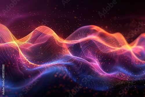 Black background, colorful glowing lines in the air forming wave shapes, with purple and blue tones. © Graph Squad