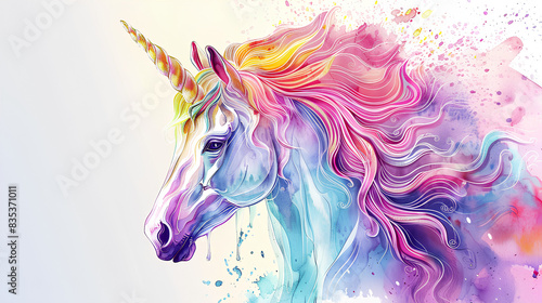Colorful unicorn illustration with watercolor splashes on a white background, using pastel colors in a fantasy art style with a simple yet detailed design.  photo