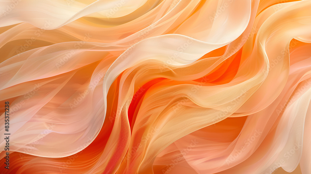 A soft peach color background with flowing, cascading waves of fabric in various shades of orange and pink, creating an elegant and dreamy atmosphere. A soft peach color background with flowing, cascading waves of fabric in various shades of orange and pink, creating an elegant and dreamy atmosphere.