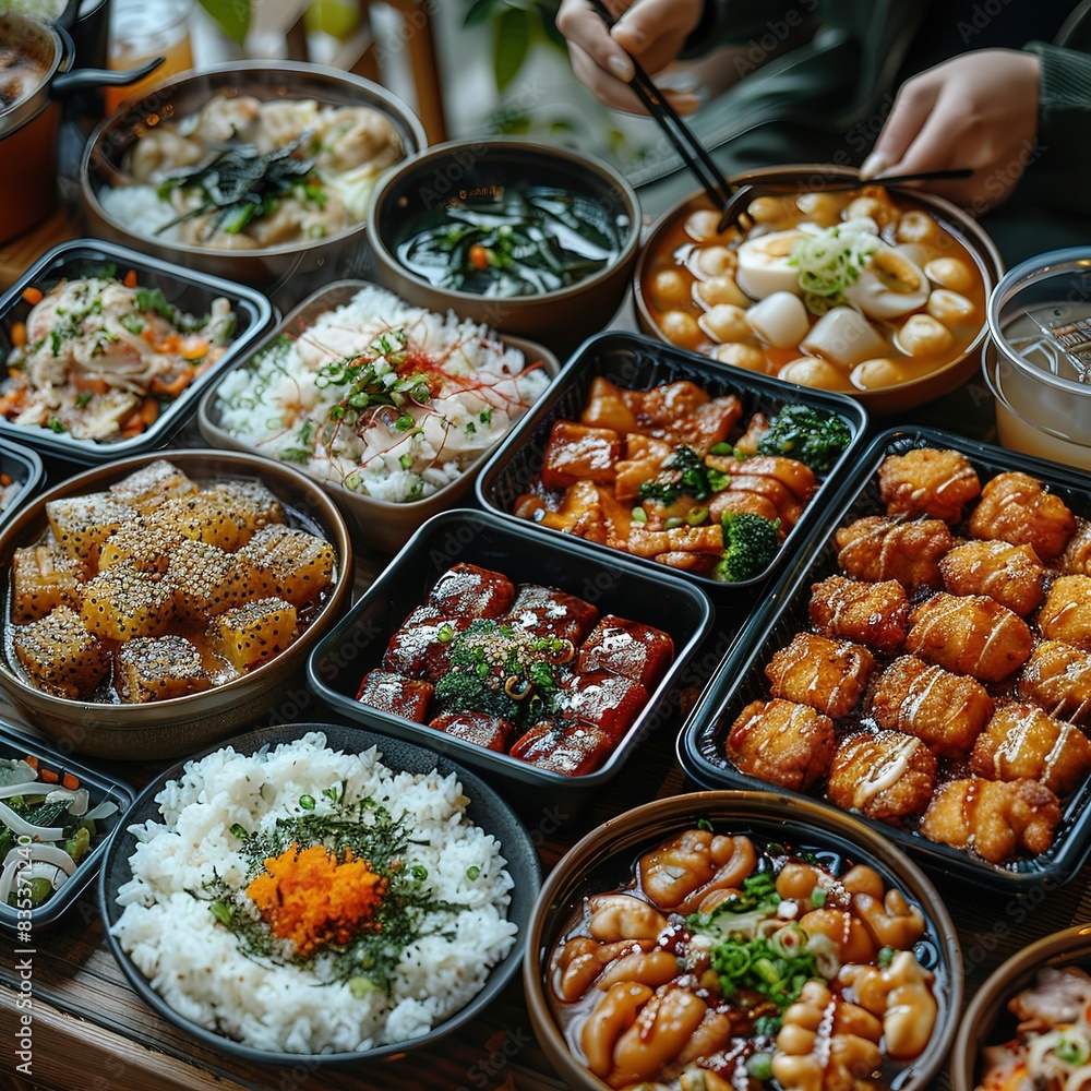 Many people eat Japanese food at the table, with many different dishes on wooden tables with black square plates and bowls of rice Many people eat Japanese food at the table, with many different dishes on wooden tables with black square plates and bowls of rice
