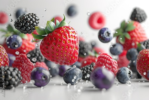 Fruit mix floating in the air, blueberries strawberries and black raspberries with a white background photo
