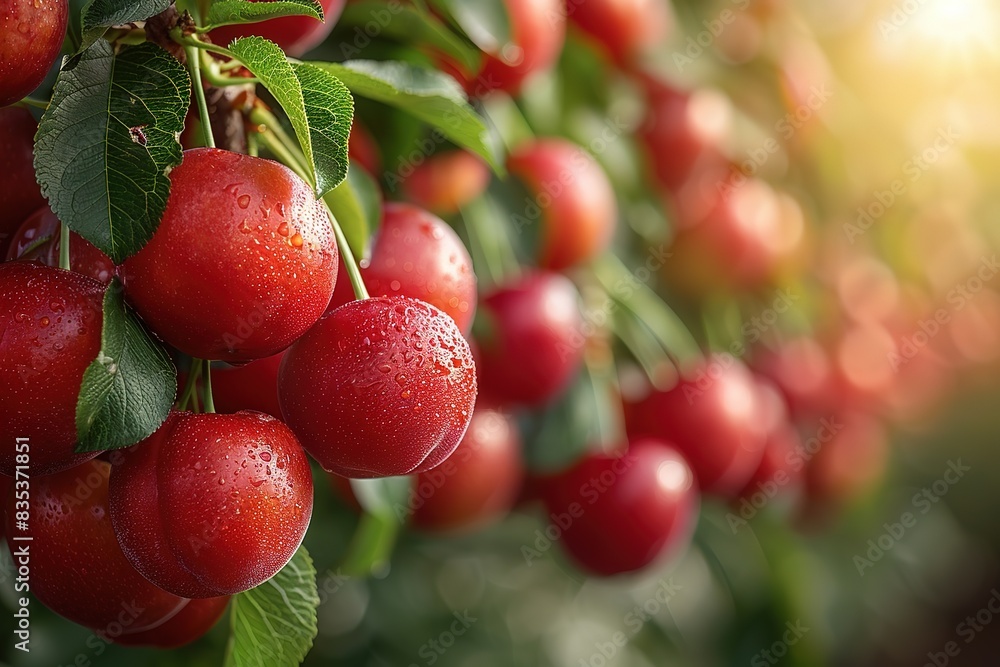 Red plums hanging on the tree, bright and sunny day, green leaves in background Red plums hanging on the tree, bright and sunny day, green leaves in background