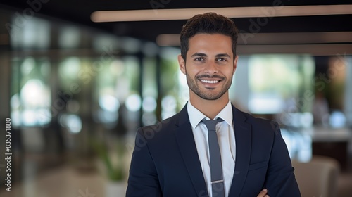 Smiling busy young latin businessman manager using tablet computer, happy hispanic business executive looking at camera