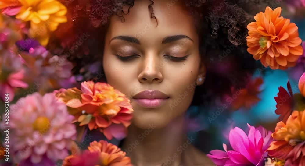 Woman with eyes closed surrounded by blooming flowers in a close-up shot. Concept Portrait Photography, Nature Background, Flower Garden, Close-up Shot, Serene Expression