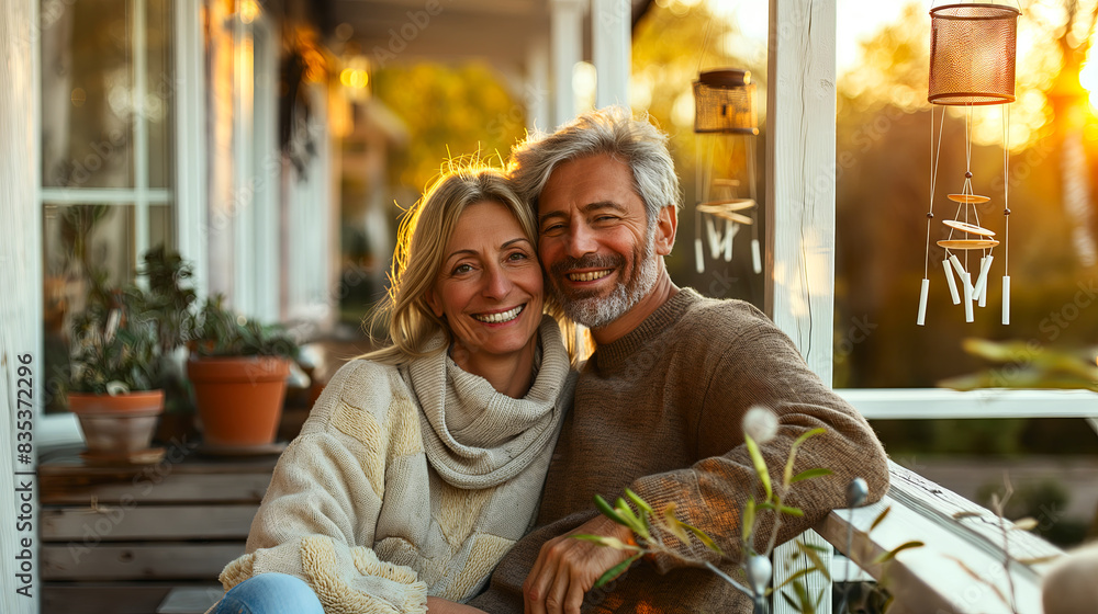 Mature Couple Enjoying a Cozy Sunset Together on Porch Mature Couple Enjoying a Cozy Sunset Together on Porch