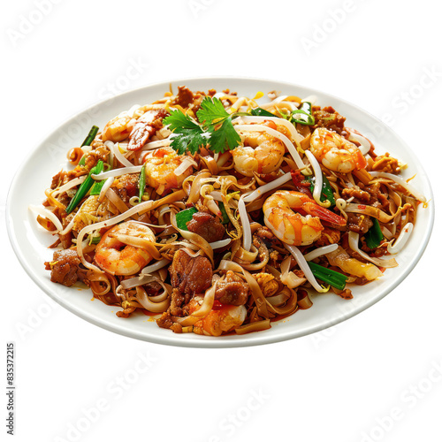 Delicious plate of Pad Thai with shrimp, tofu, bean sprouts, and vegetables, served with chopsticks. transparent backgrounds