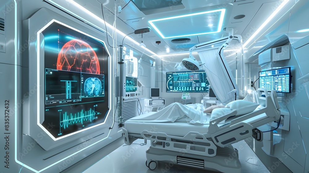 Visualize a futuristic ICU with telemedicine capabilities, allowing specialists to remotely monitor and treat patients
Visualize a futuristic ICU with telemedicine capabilities, allowing specialists to remotely monitor and treat patients